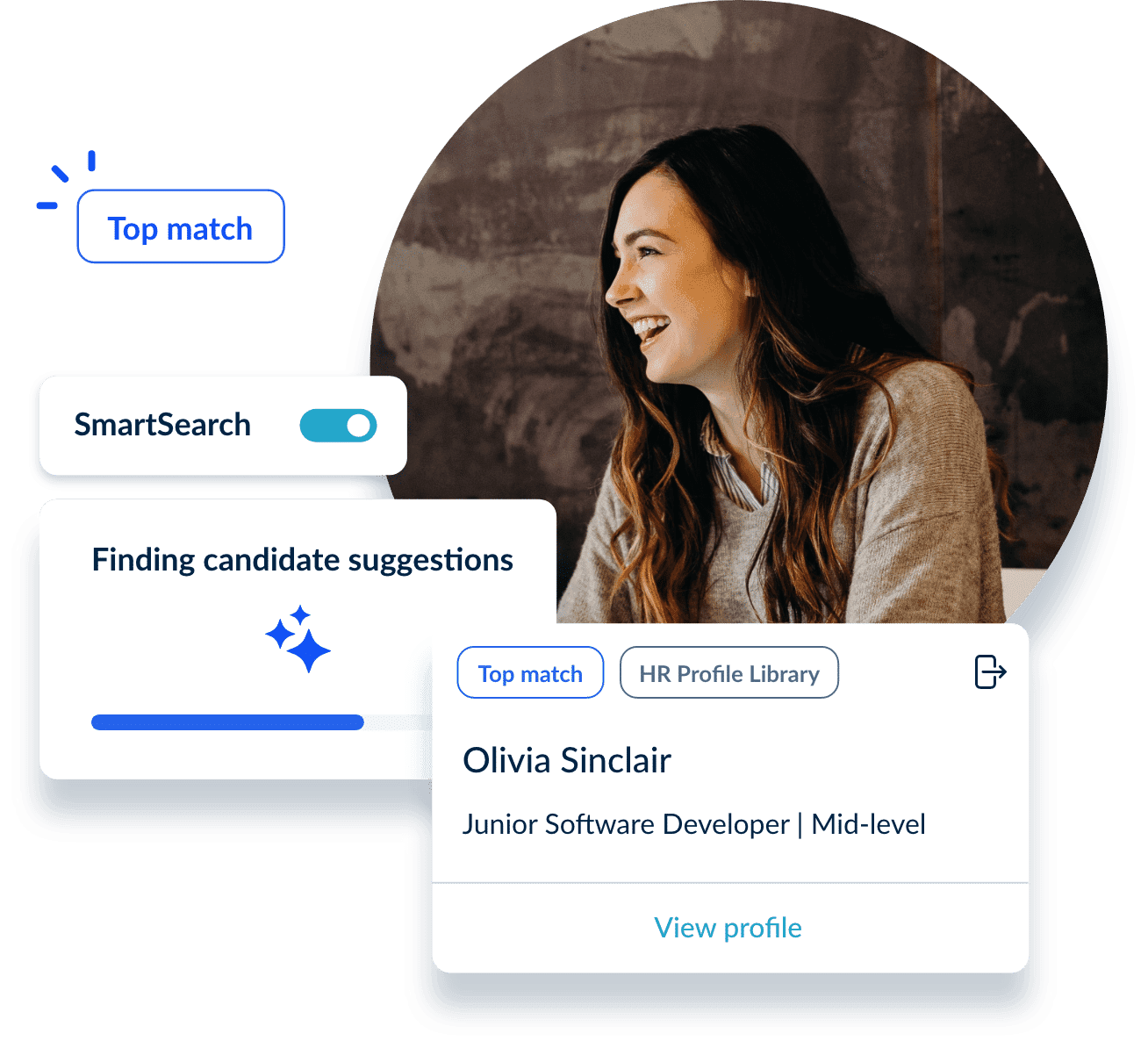 AI job-matching feature searching the profile database, suggesting a candidate for a junior software developer role as a top match.