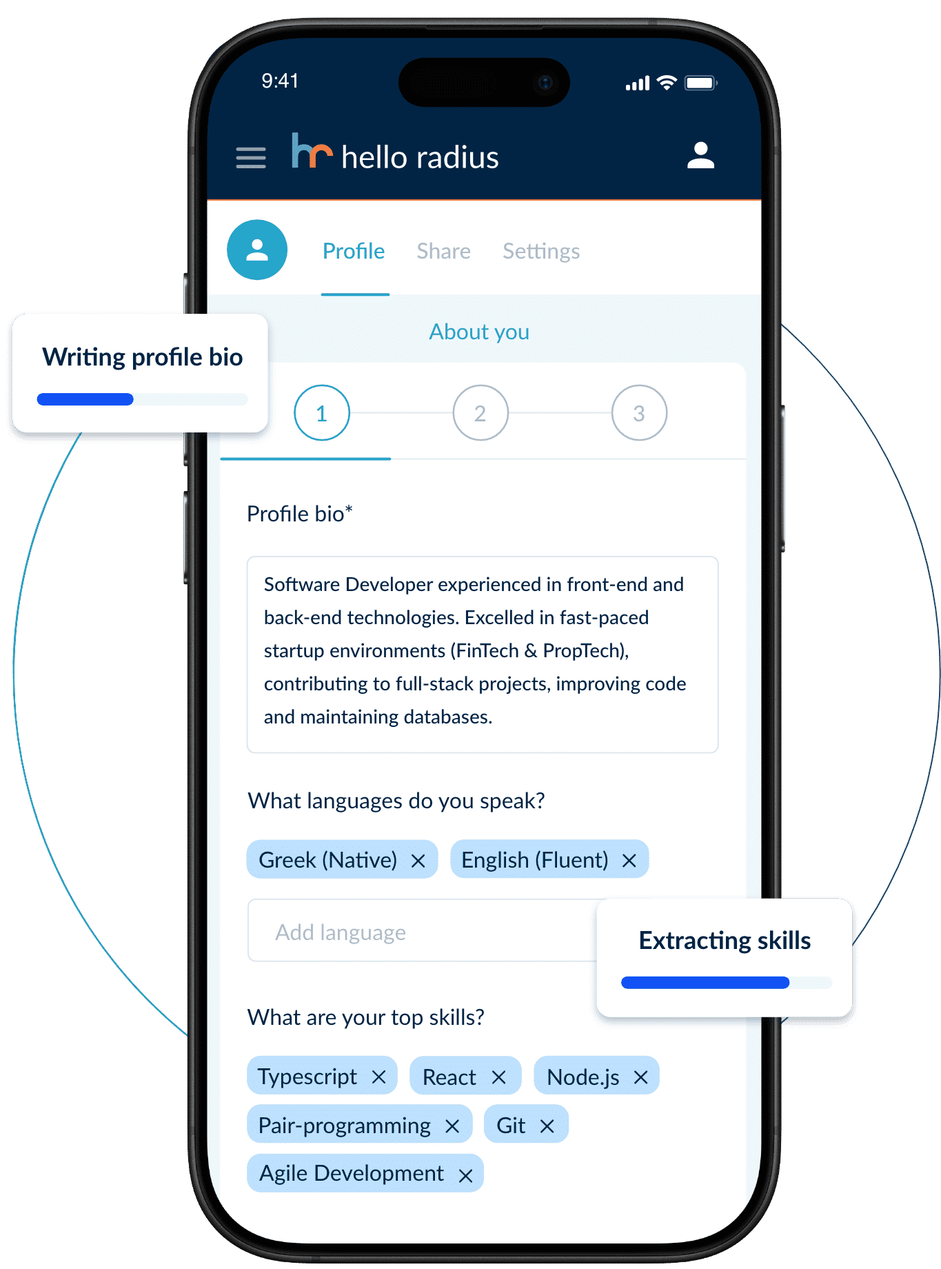 Smart CV Sync feature extracting skills from a CV and generating a profile with skill suggestions and professional bio.