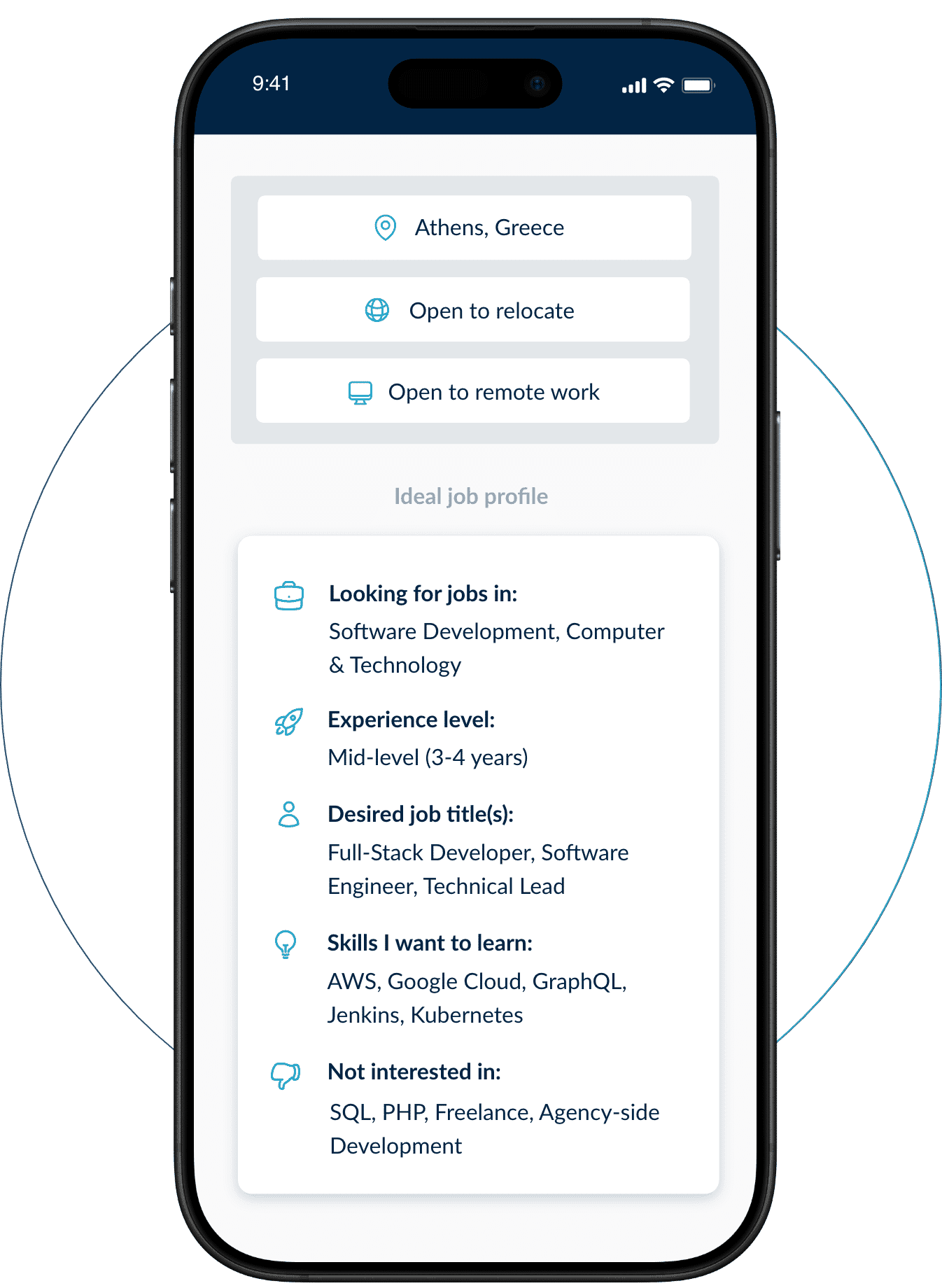 Mobile interface showing customisable career preferences, including suggested job roles, desired skills to learn, and experience level.