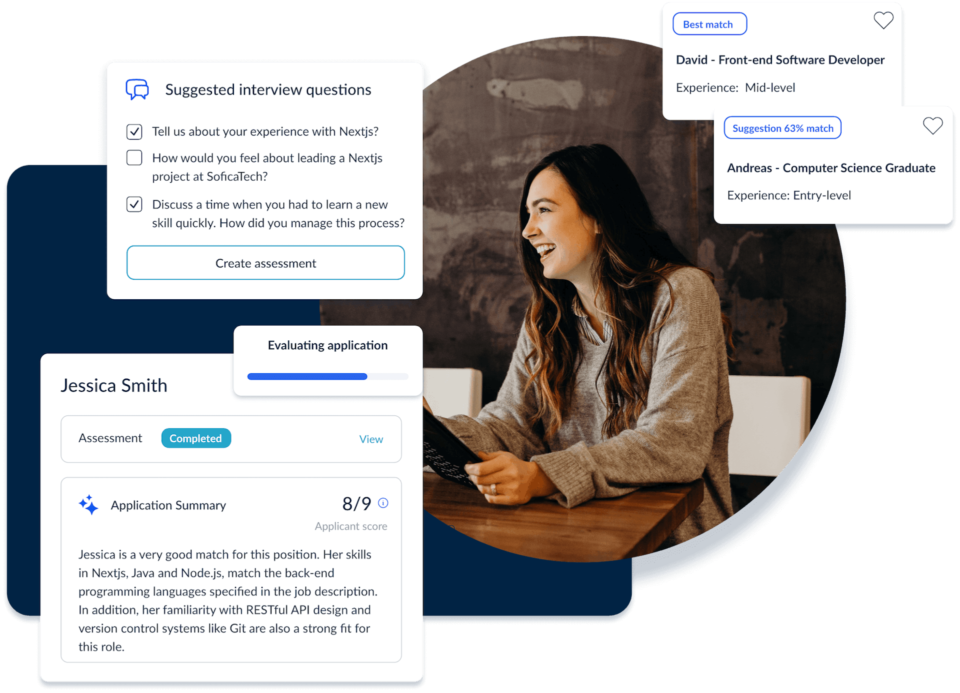 Hiring manager enjoying AI recruitment software including an AI-powered interview questions and candidate matching tool for an enhanced recruitment strategy.