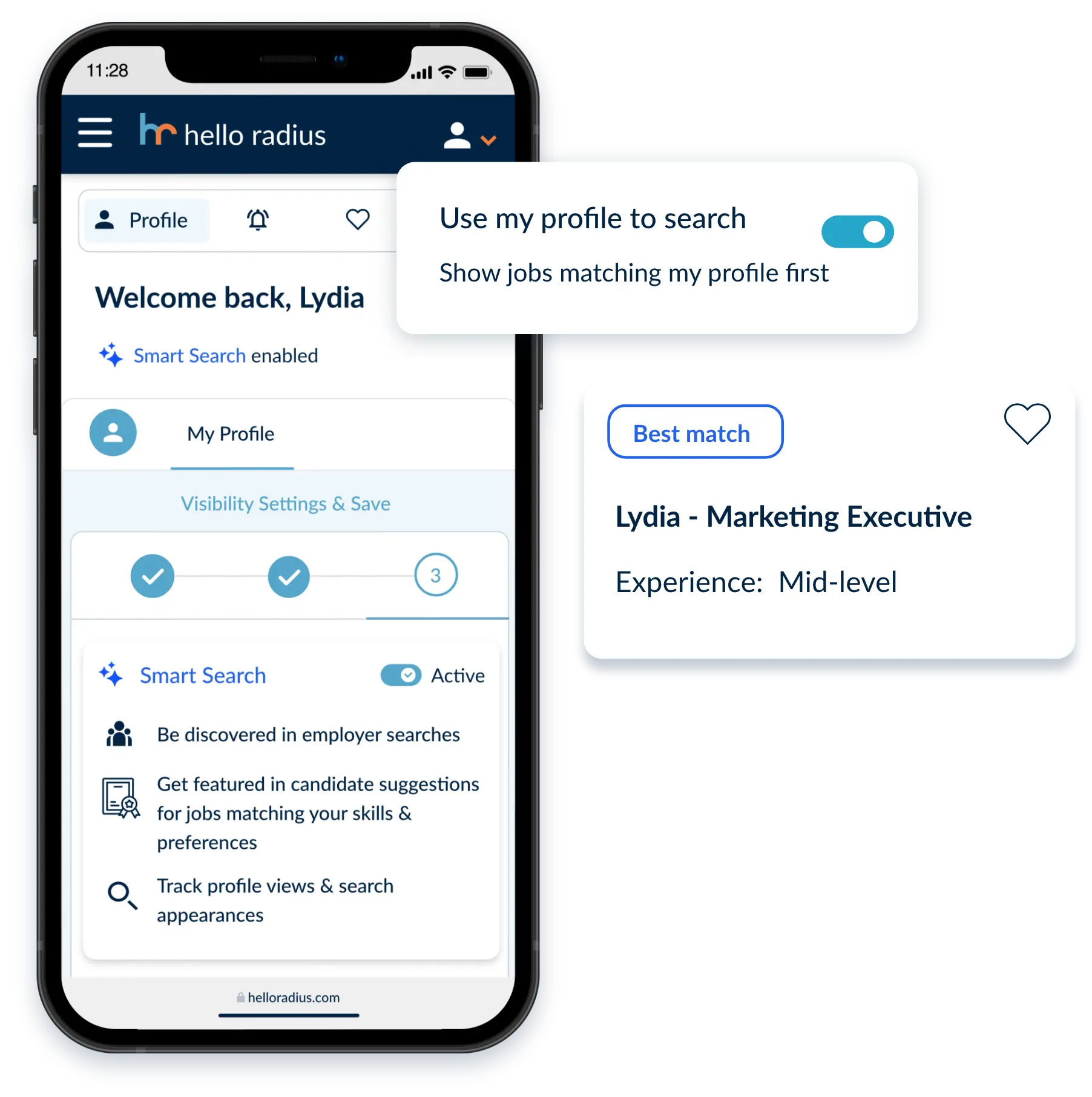 Mobile screen displaying an AI job search tool with features to help candidates find career opportunities and be visible to top employers and recruiters.